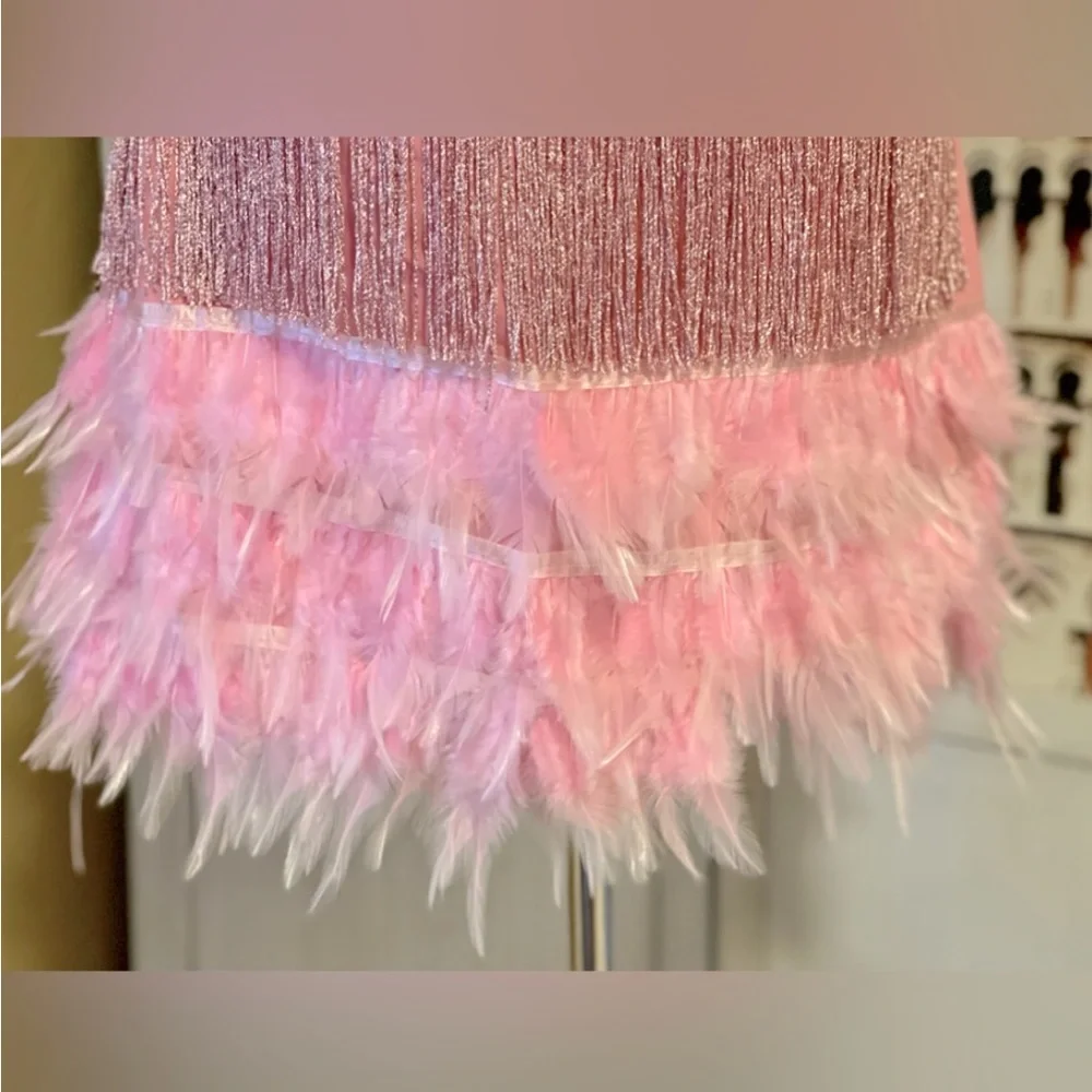 Ballerina Pink Sexy Fringe Feather Skirt Set With Tassles, 2 Piece Set - Picture 8 of 8